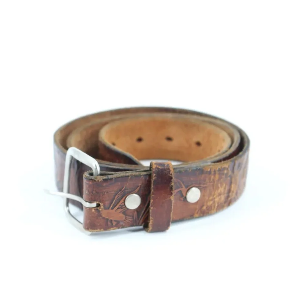 Genuine Tooled Leather Belt Ducks Forest Size 38 Made in USA Brown 100% Leather
